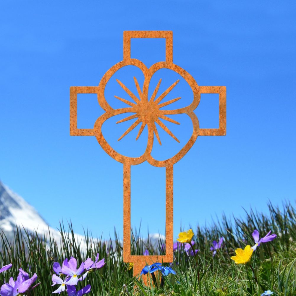 Steel Rustic Poppy & Cross Outline Ground Spike In A Blue Sky Setting