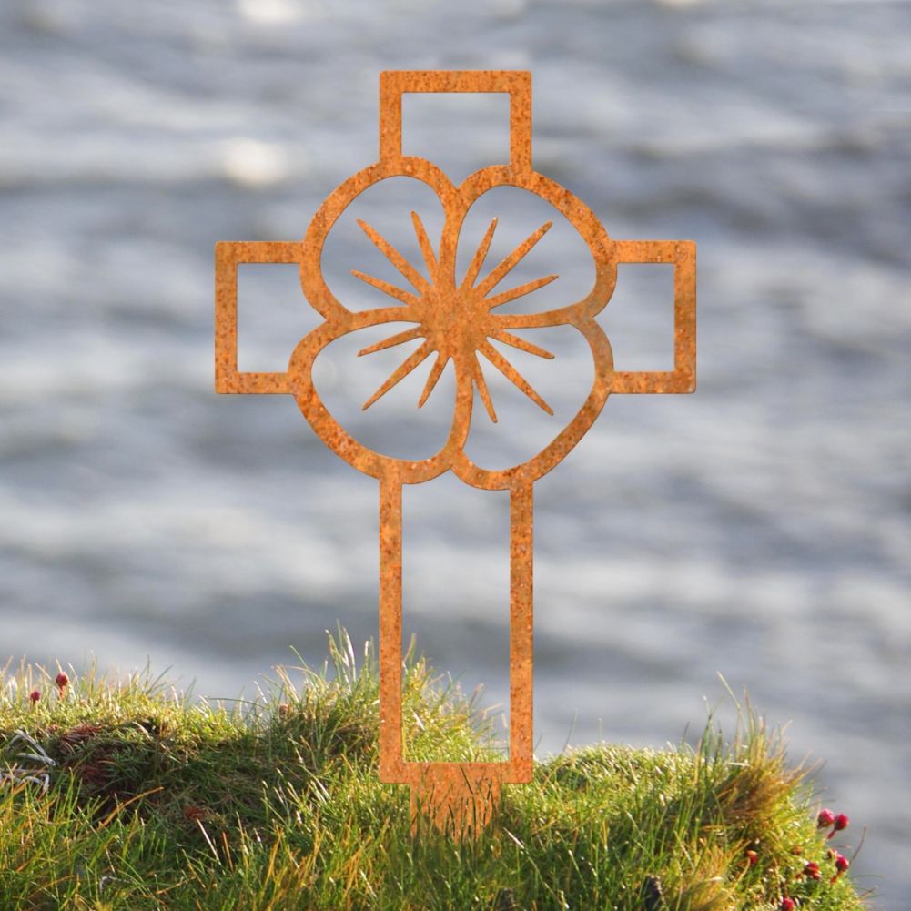 Steel Rustic Poppy & Cross Outline Ground Spike In Situ