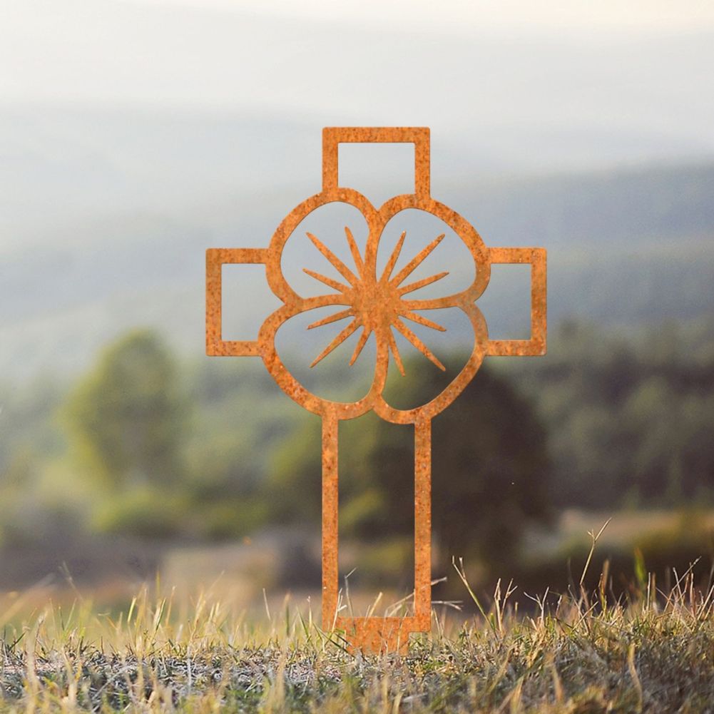 Steel Rustic Poppy & Cross Outline Ground Spike In A Countryside Setting