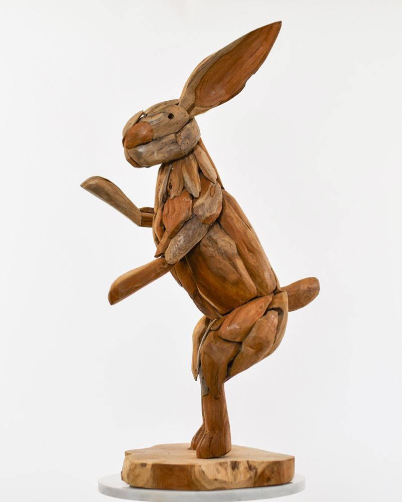 Teak Driftwood Boxing Hare Sculpture Side On