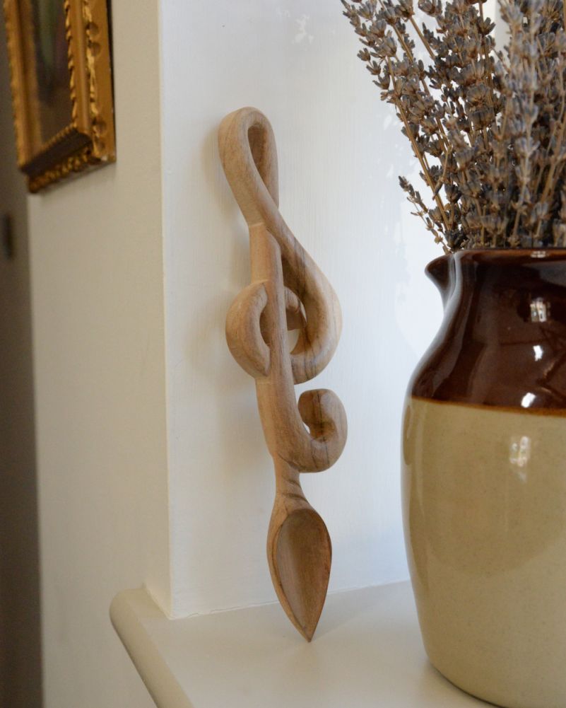 Side Of The 'Music Note' Ornate Teak Wood Love Spoon