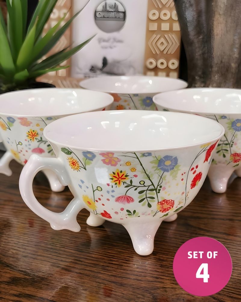 'The Sakura' Pink Floral Three Feet Ceramic Teacup - Set Of 4