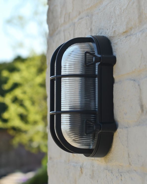 Traditional Black 'Seapoint' Oval Nautical Bulkhead Wall Light Side On