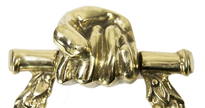 Polished Brass Royal Laurel Wreath Door Knocker Hand Detail