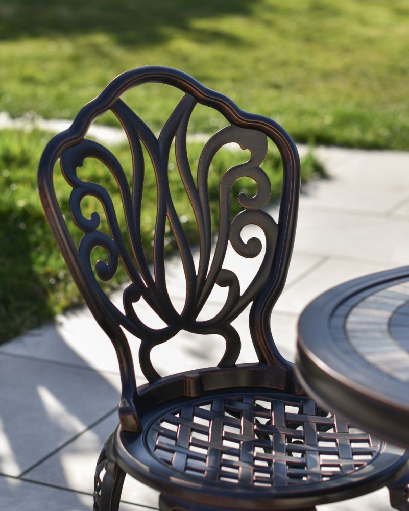 Close Up Of The Chair From Traditional Mosaic & Aged Bronze Ornate Two Chair Bistro Set 