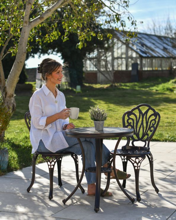 Traditional Mosaic & Aged Bronze Ornate Two Chair Bistro Set To Scale