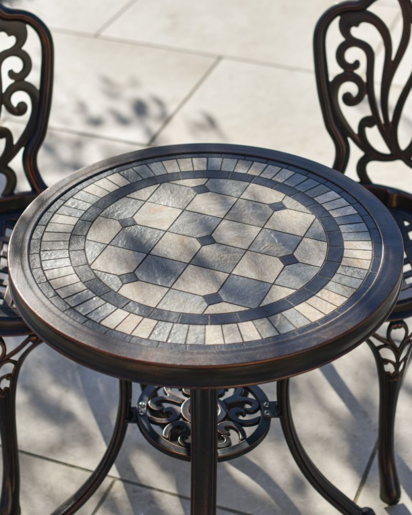 Traditional Mosaic & Aged Bronze Ornate Two Chair Bistro Set Table Details