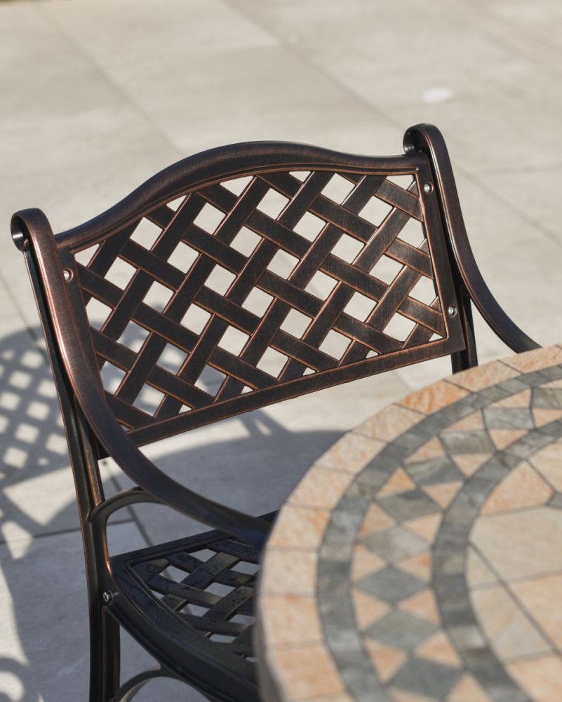 Traditional Mosaic & Copper Ornate Four Chair Garden Bistro Set Back Of Seat