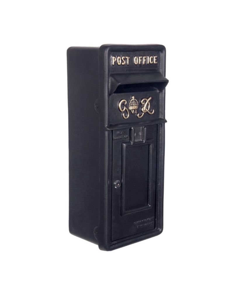Traditional Slim King George Post Box in a Black & Gold Finish