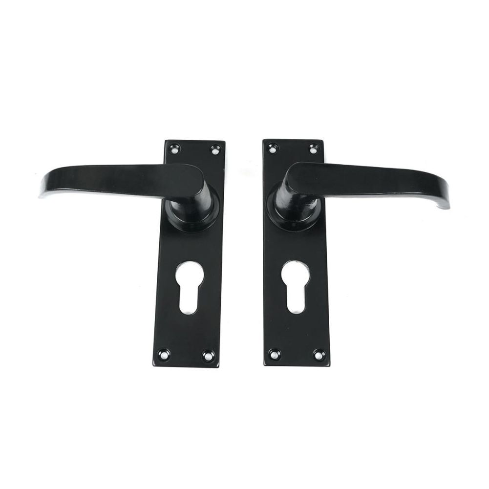 Traditional Smooth Black Lever Euro Lock Door Handle Set-Large