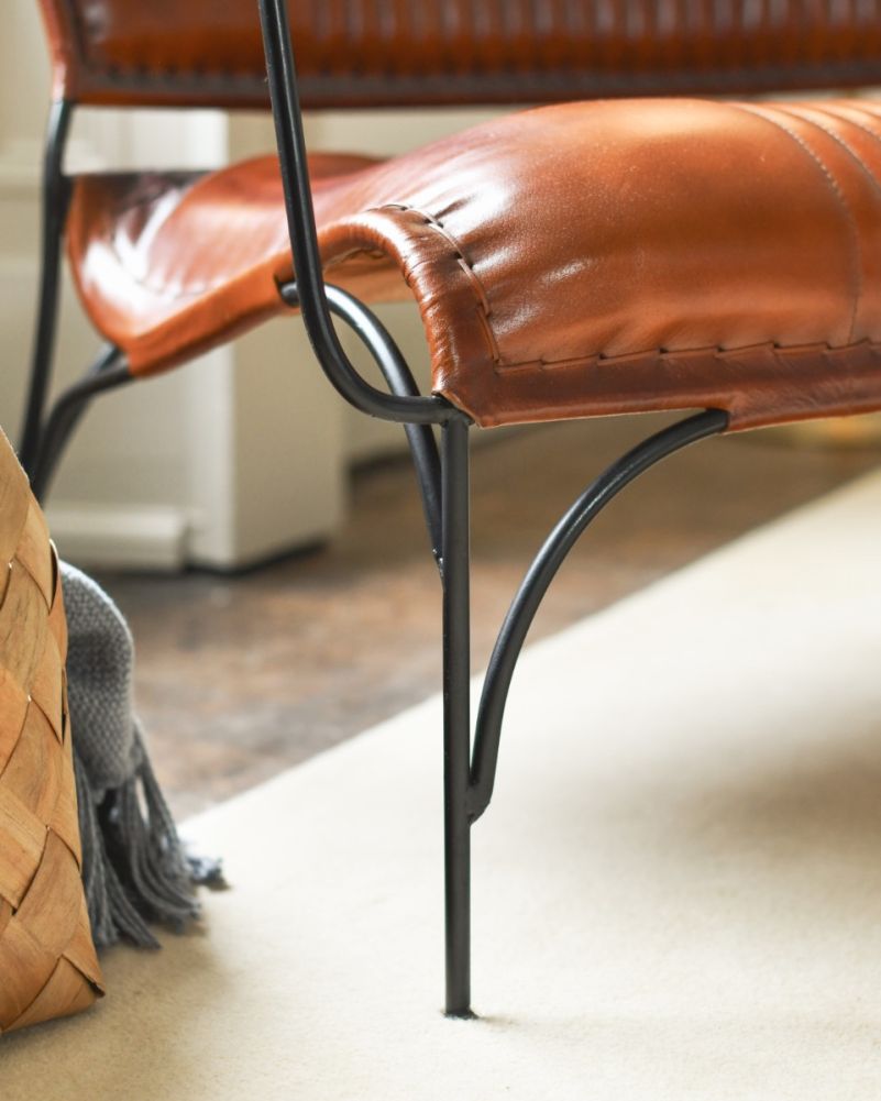 Traditional Two Seater Chair In Tan Leather & Iron Iron Legs