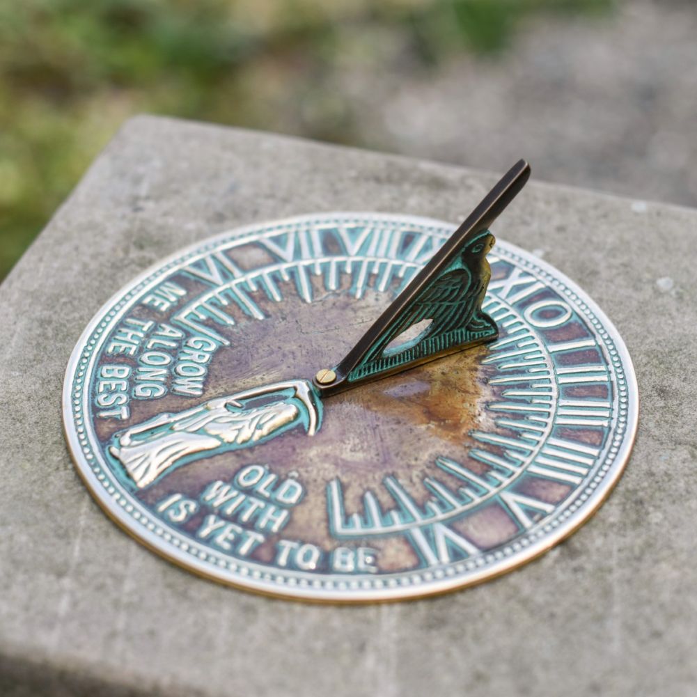 Traditional Verdigris Old Father Time Sundial - 200mm In Situ