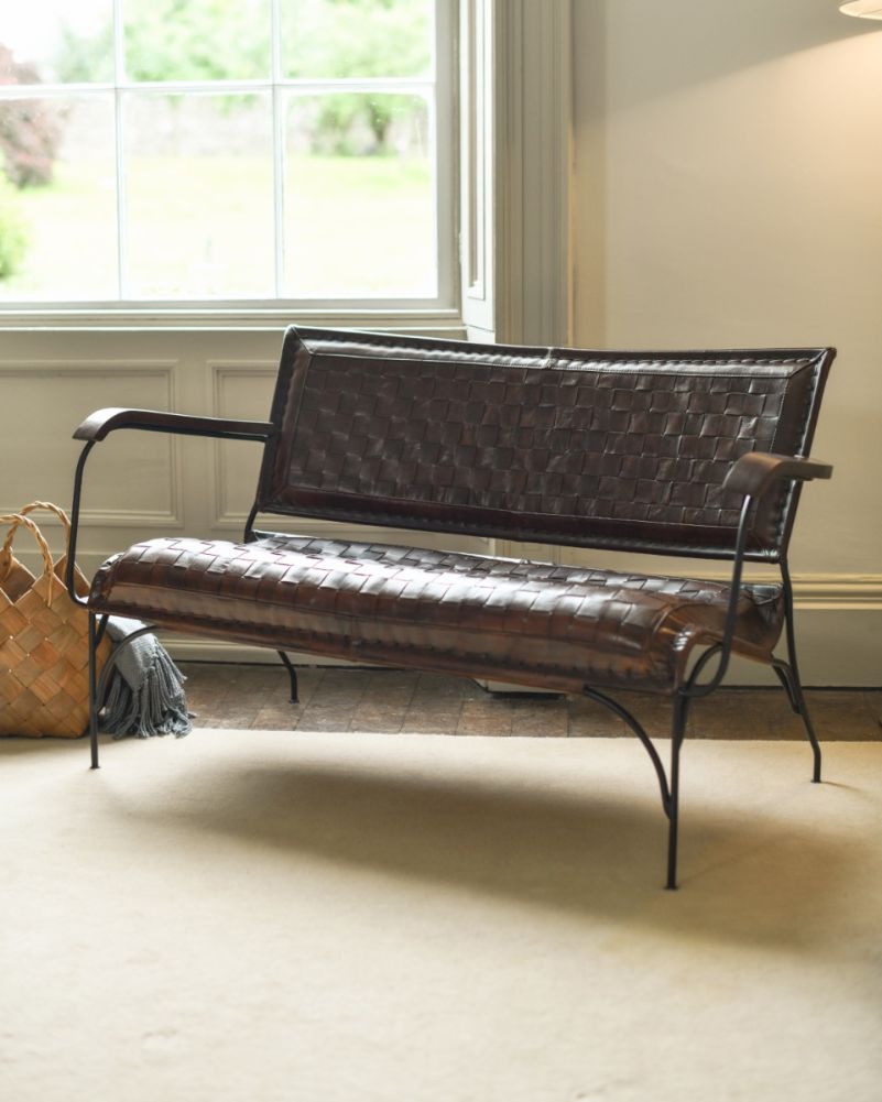 Traditional Woven Tan Leather & Iron Two Seater Chair