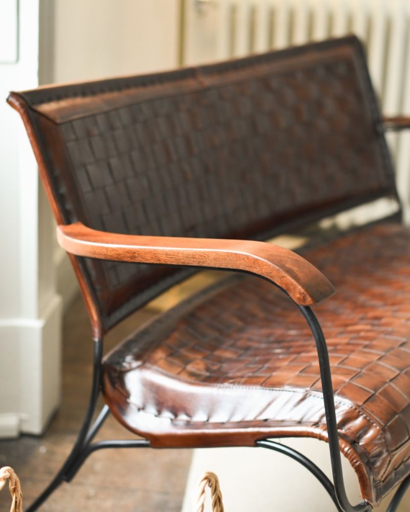 Traditional Woven Tan Leather & Iron Two Seater Chair Wooden Arms