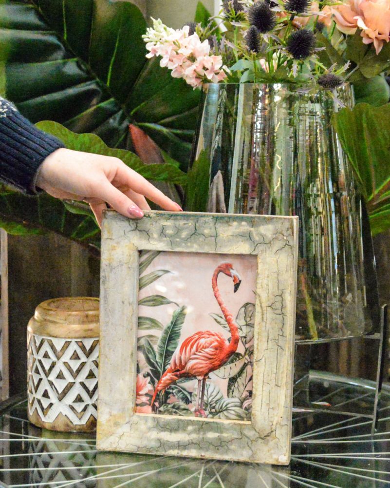 'Tropical Palms' Recycled Wooden Framed Flamingo Artwork To Scale