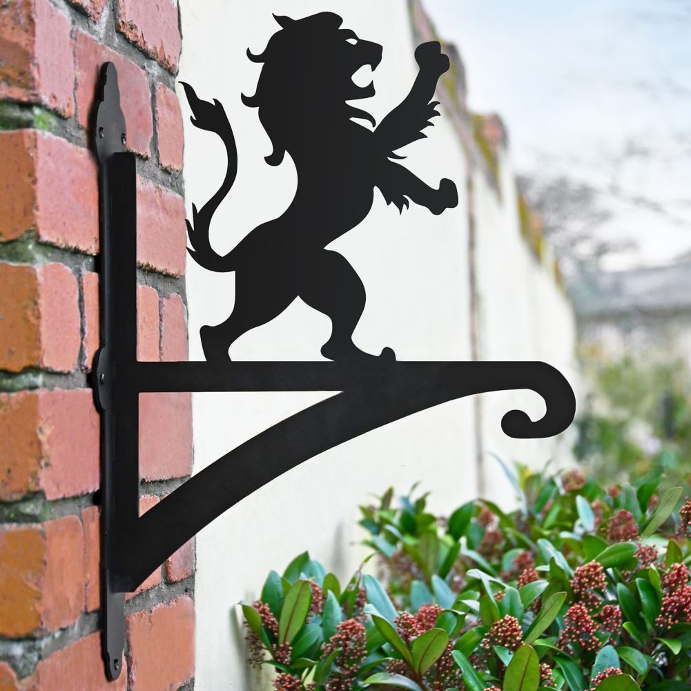 Lion Hanging Basket Bracket on a Brick Wall in the Garden