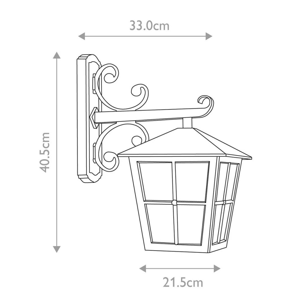 Black Traditional Top Fix Wall Lantern with Ornate Bracket Dimensions