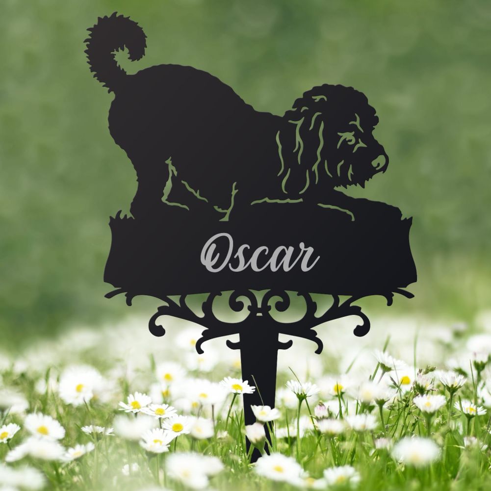 Playful Cockapoo Memorial Ground Spike With Daisies