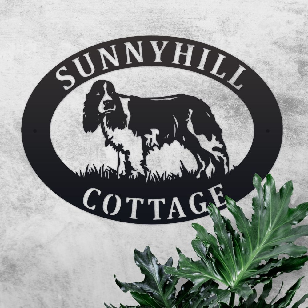 Springer Spaniel Oval House Name Sign On a Rustic Wall