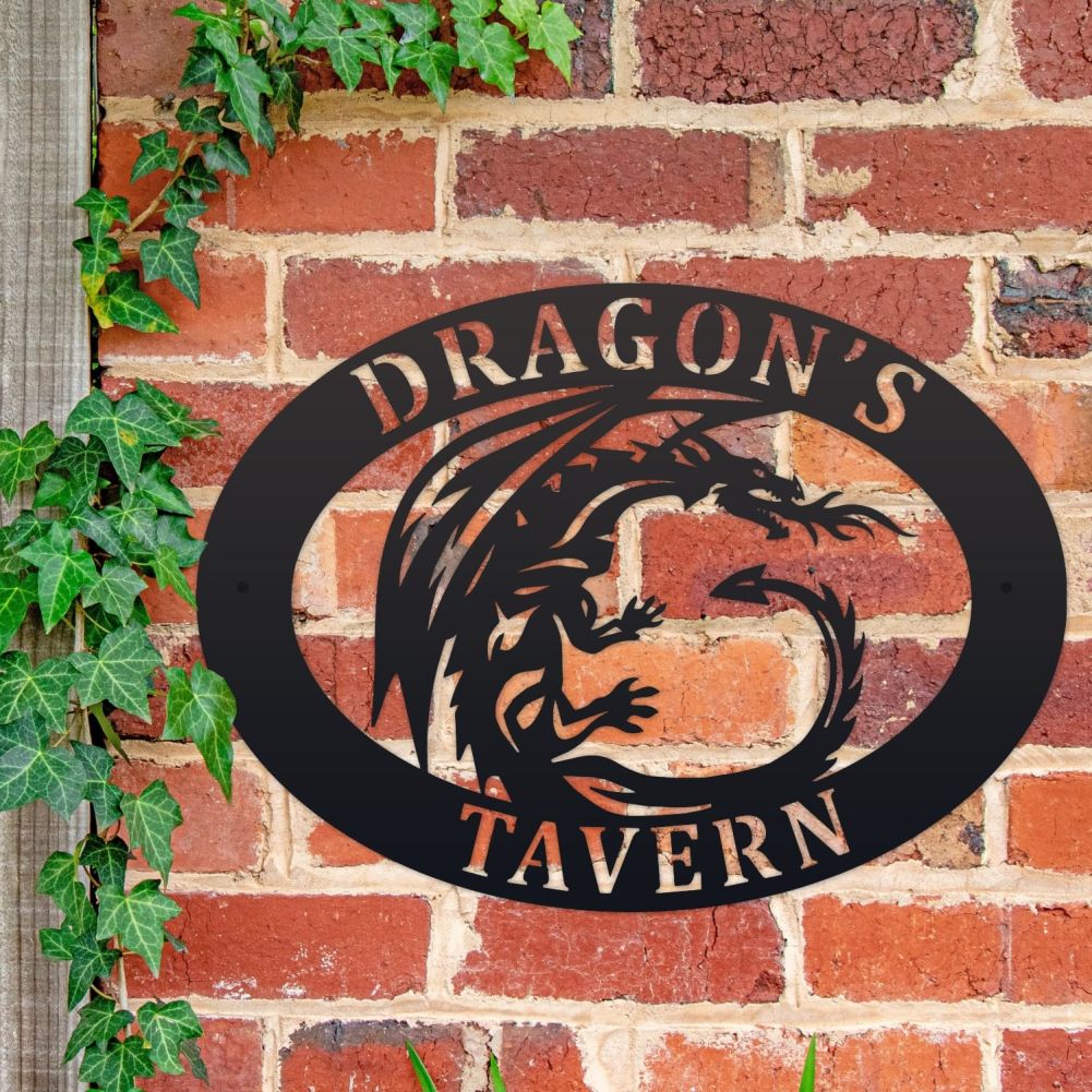 Tribal Dragon Oval House Name Sign On a Brick Wall