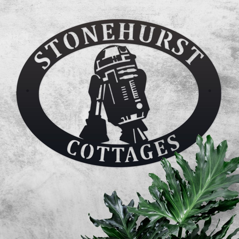 R2D2 Oval House Name Sign On a Rustic Wall