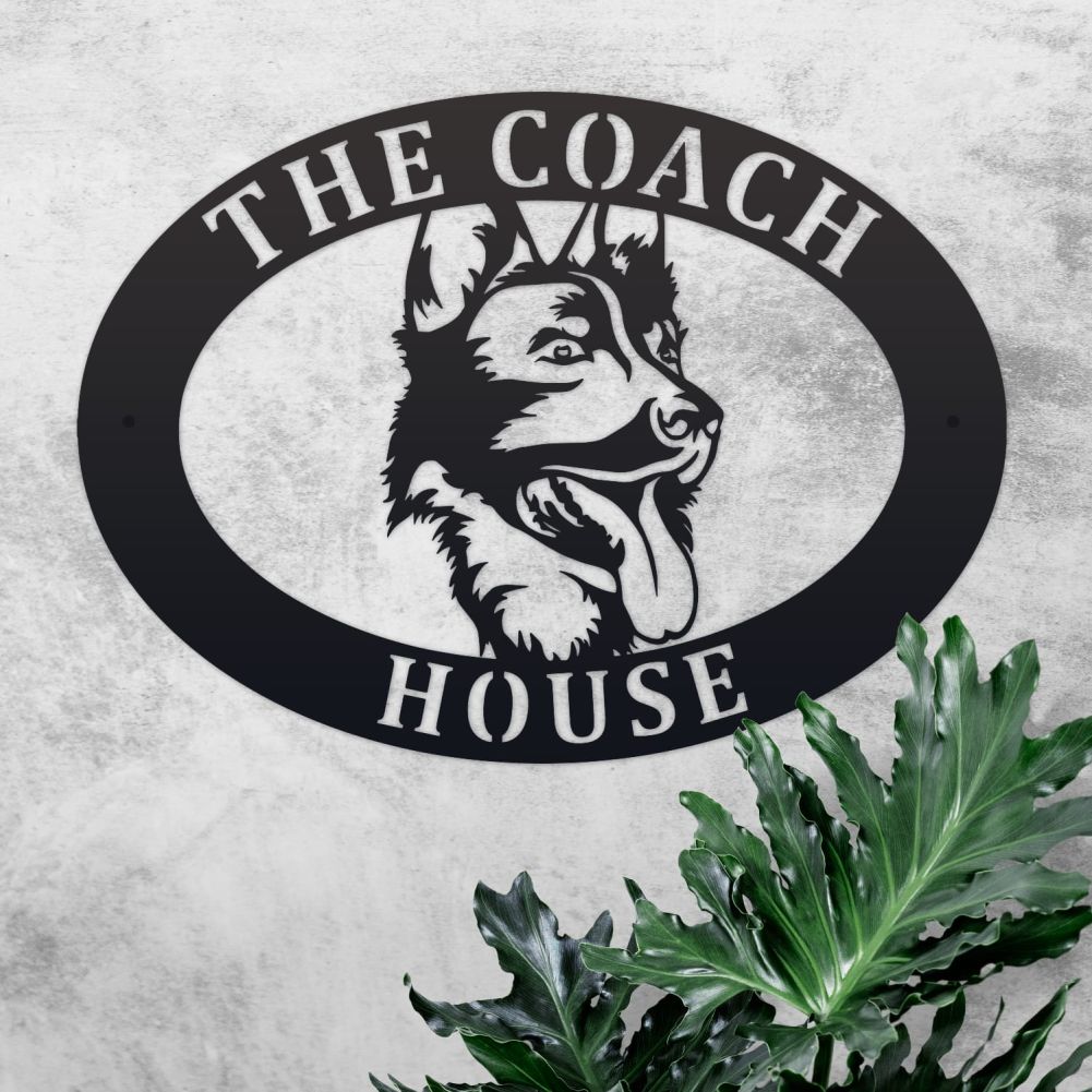 German Shepherd Oval House Name Sign On a Rustic Background