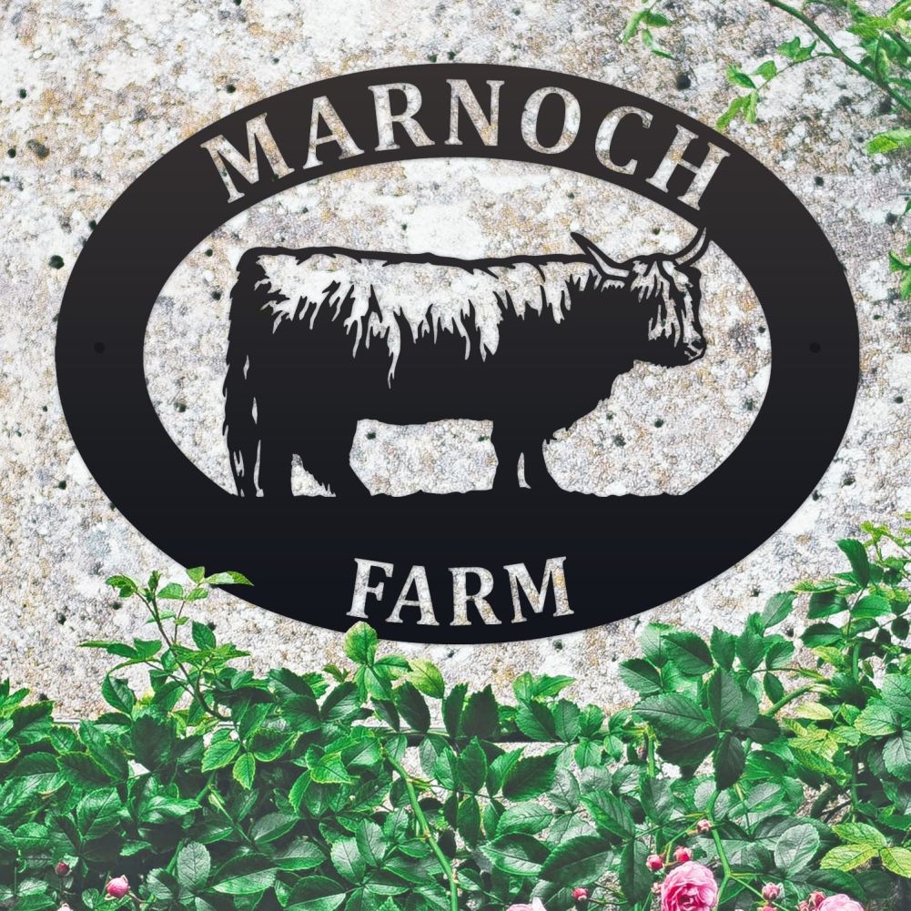 Highland Cow Oval House Name Sign On a Mottled Wall