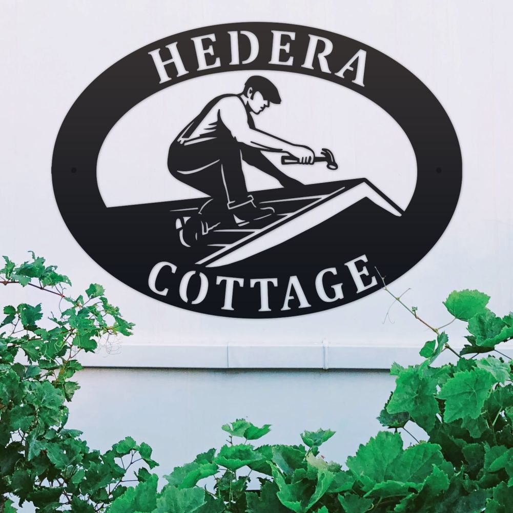 Roofer Oval House Name Sign On a White Wall