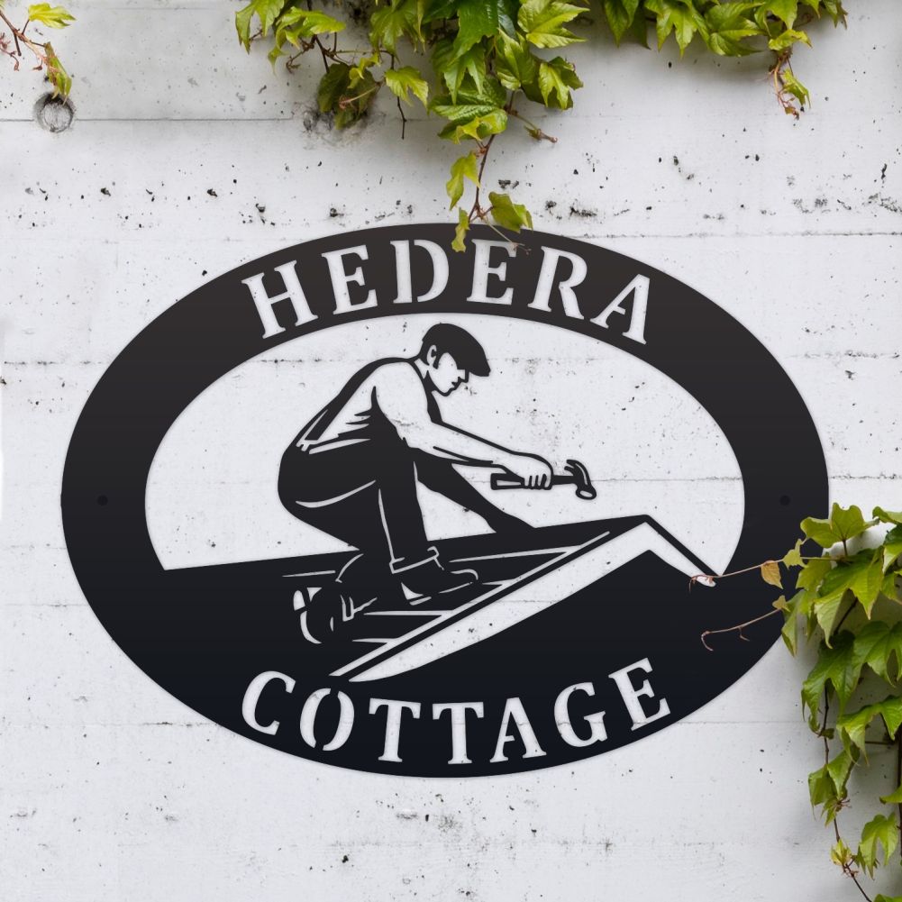 Roofer Oval House Name Sign On a White Brick Wall 