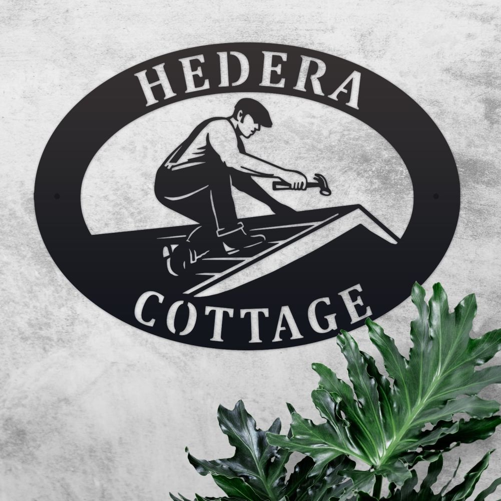 Roofer Oval House Name Sign On a Rustic Wall