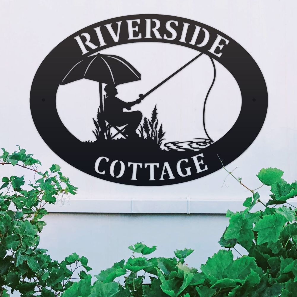 Fishing Oval House Name Sign On a White Wall