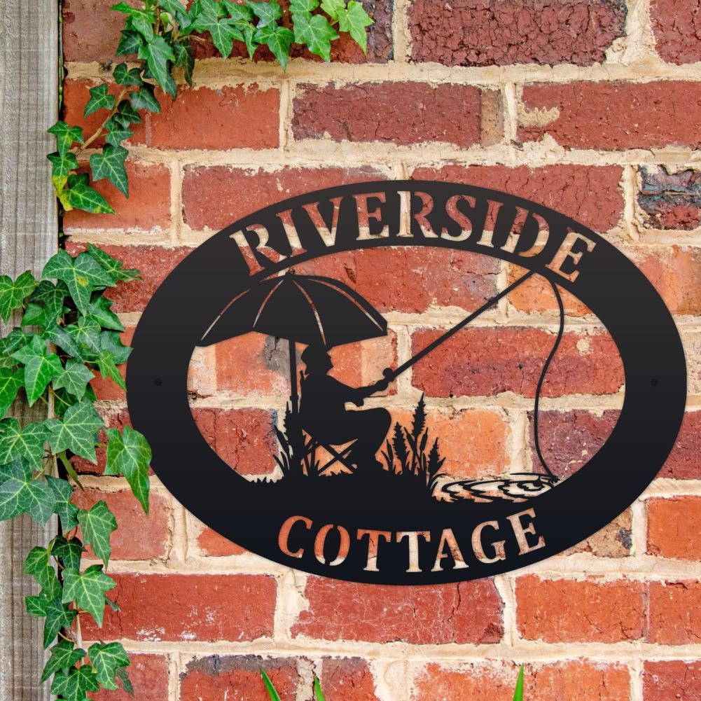 Fishing Oval House Name Sign On a Brick Wall