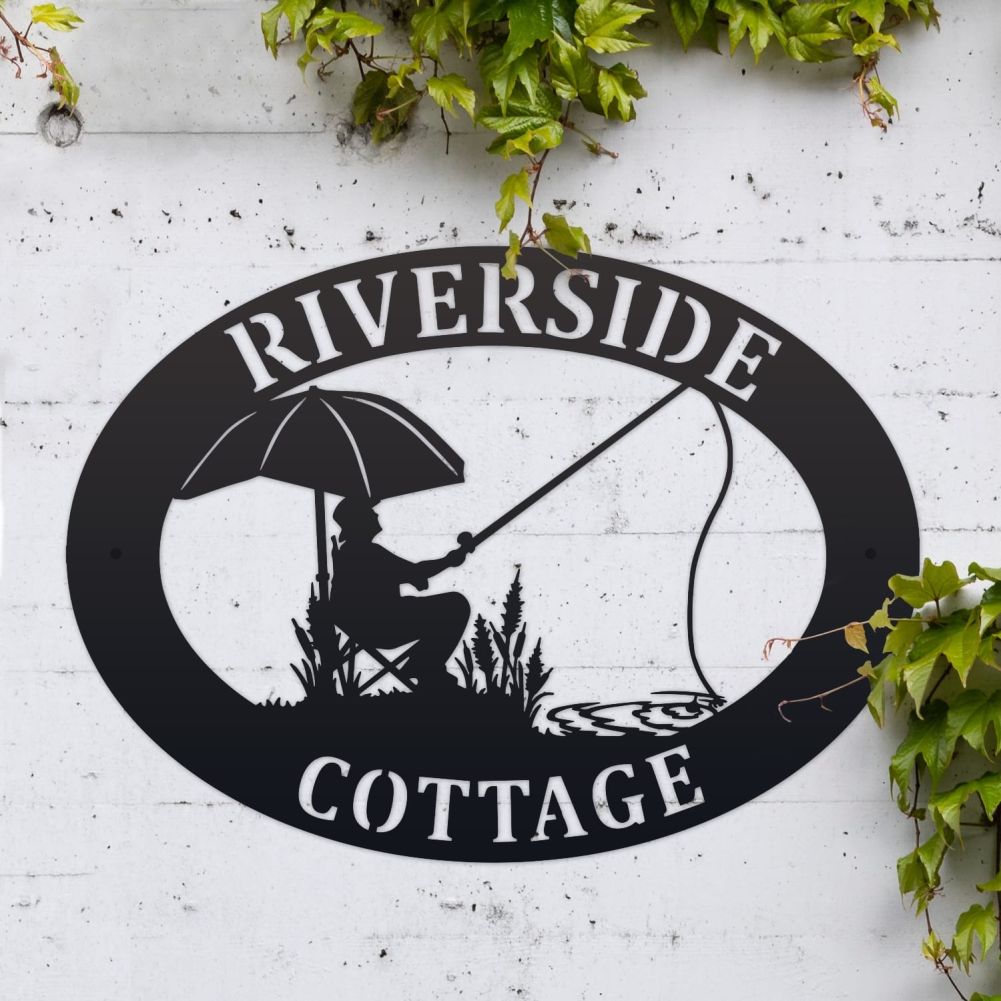 Fishing Oval House Name Sign On a White Brick Wall