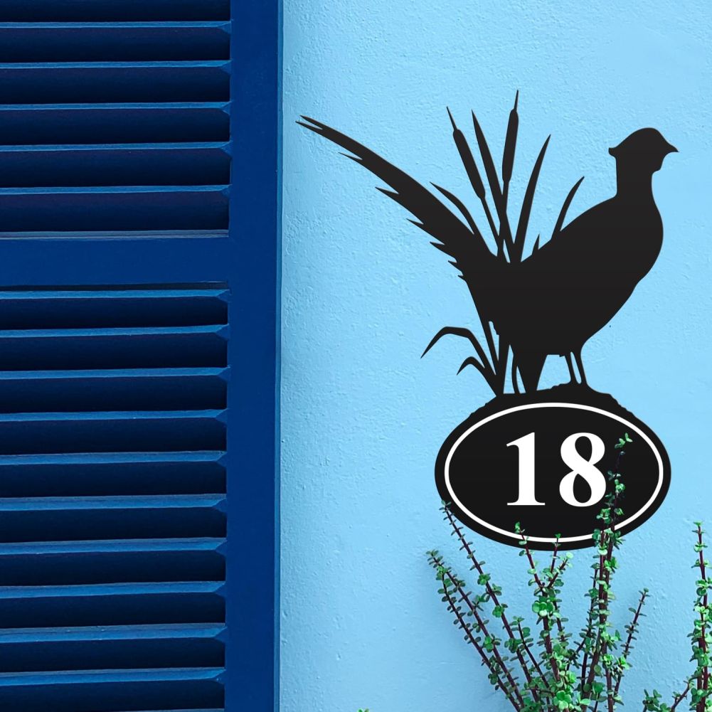 Pheasant Iron House Number Sign On Blue Wall