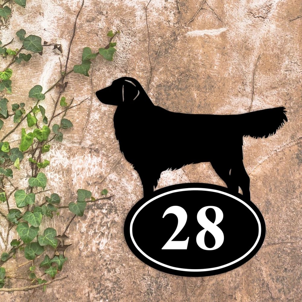 Golden Retriever Iron House Number Sign On a Rustic Wall
