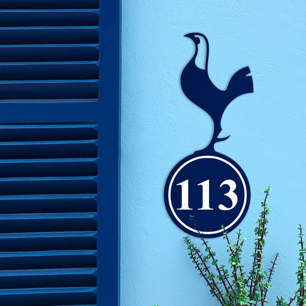 Contemporary Cockerel Iron House Number Sign On A Blue Wall