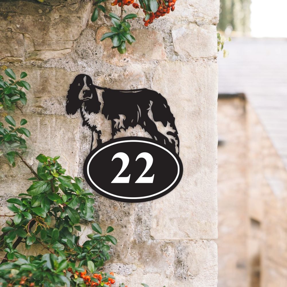 English Springer Spaniel Iron House Number Sign In Situ