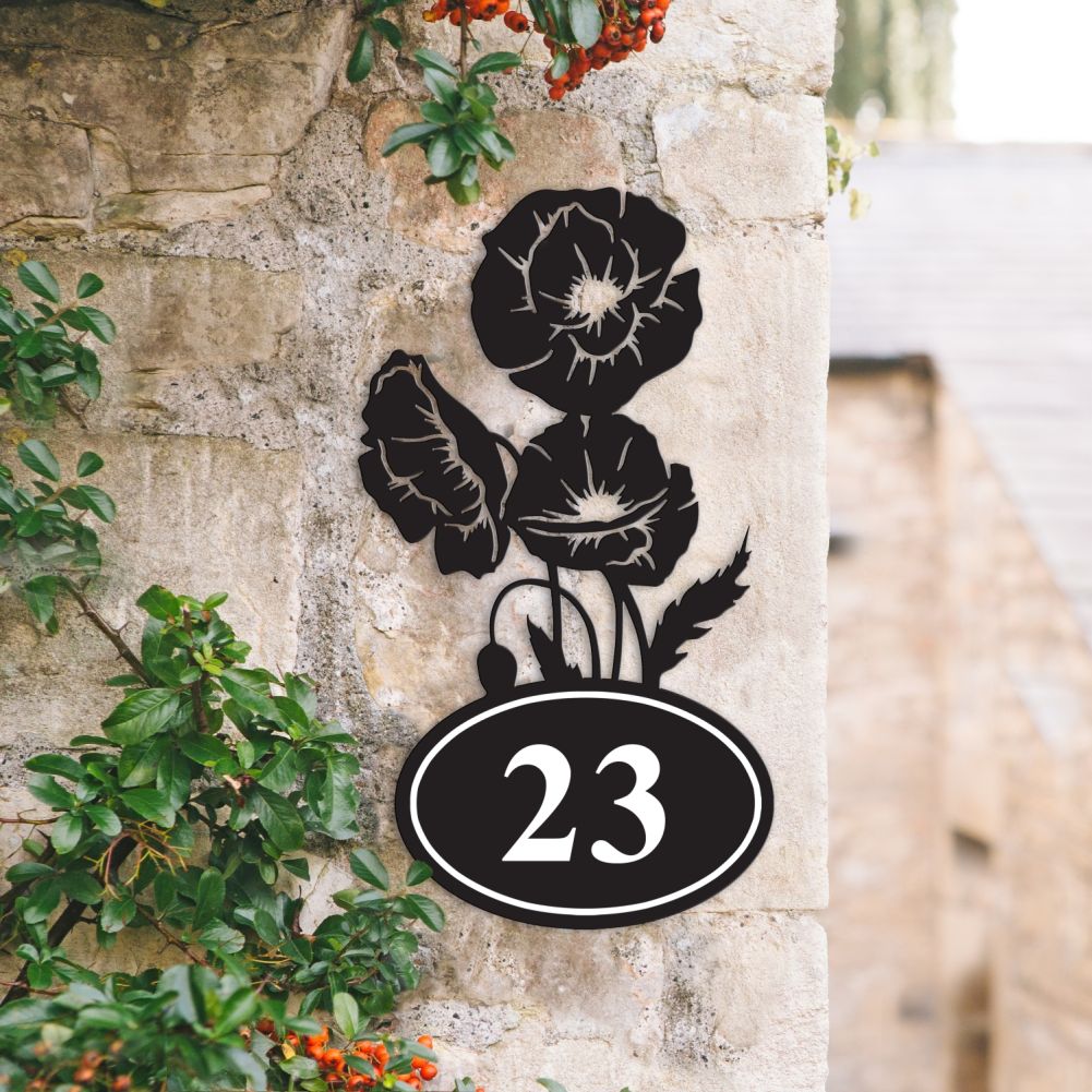 Cluster of Poppies Iron House Number Sign In Situ