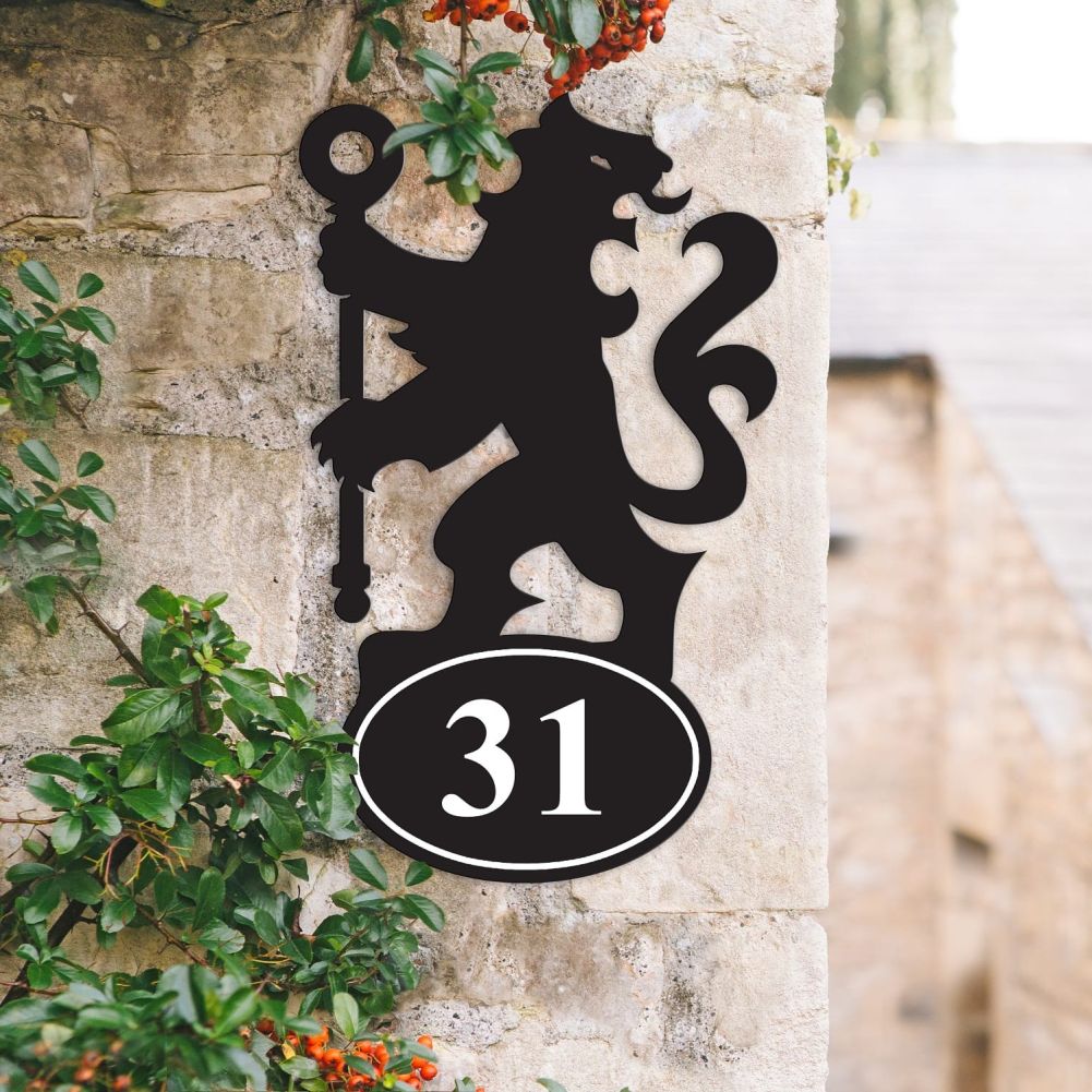 Lion & Staff Iron House Number Sign In Situ