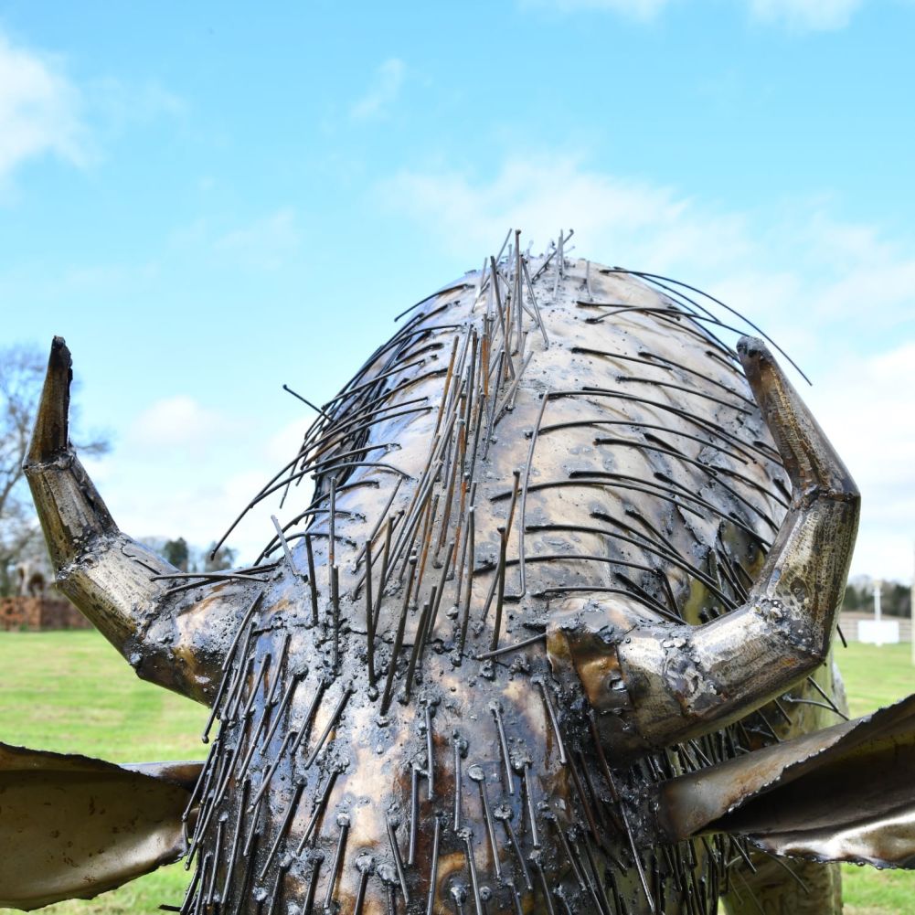 Large Recycled Metal Bison Garden Sculpture Horns Detail