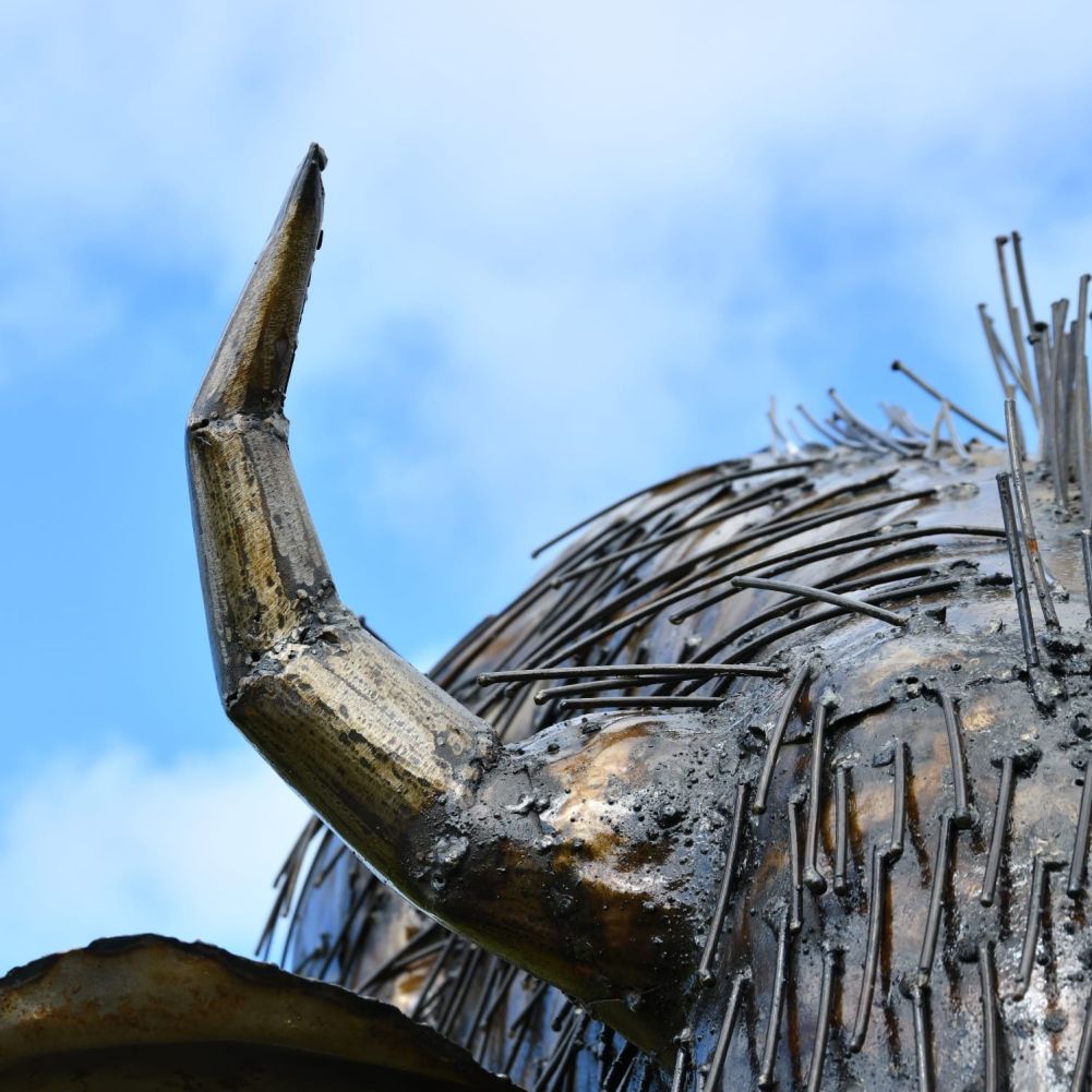Large Recycled Metal Bison Garden Sculpture Horn Close Up