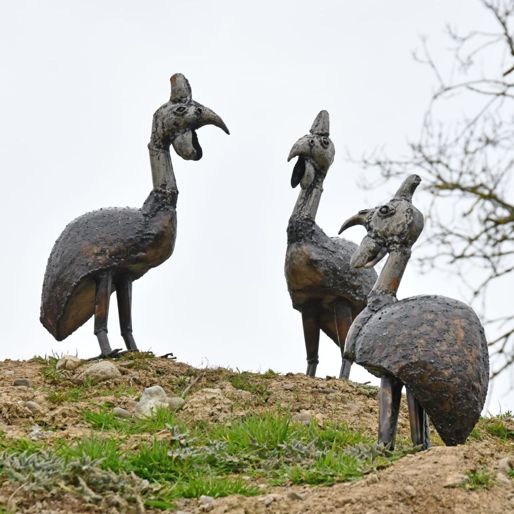 Group Of Recycled Metal Guinea Fowl Garden Sculptures
