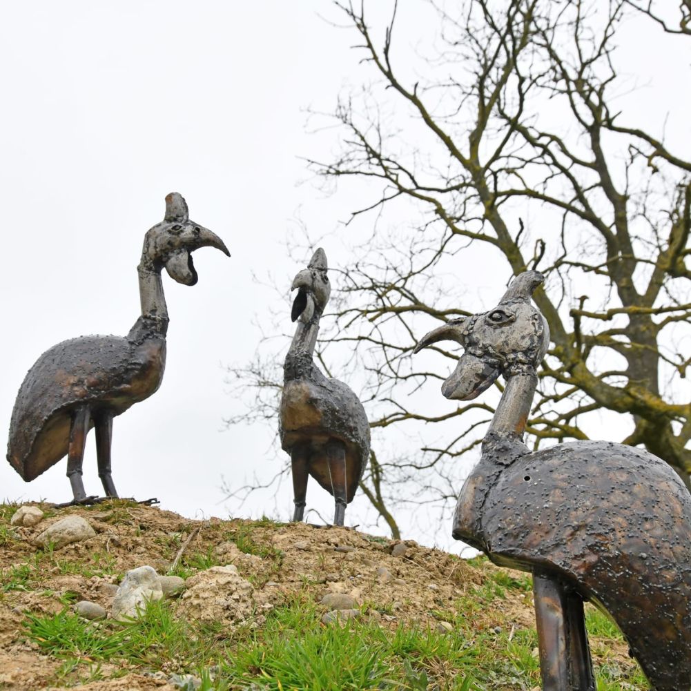 Group of 3 Recycled Metal Guinea Fowl Garden Sculptures