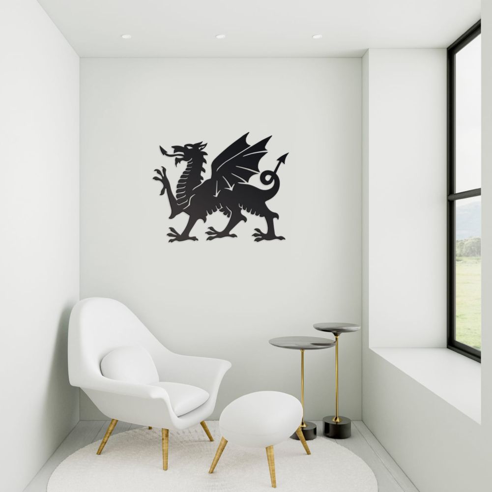 Black Welsh Dragon Wall Art In a White Living Room