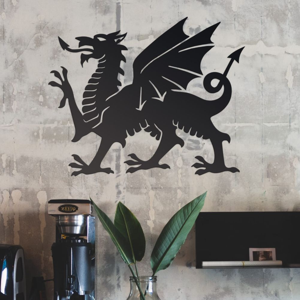 Black Welsh Dragon Wall Art On a Rustic Wall