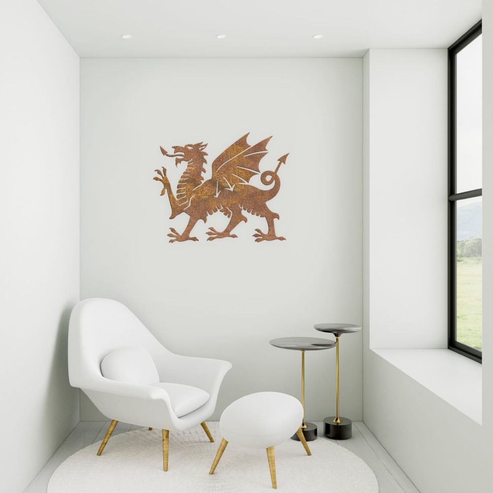 Rustic Welsh Dragon Wall Art In a White Living Room