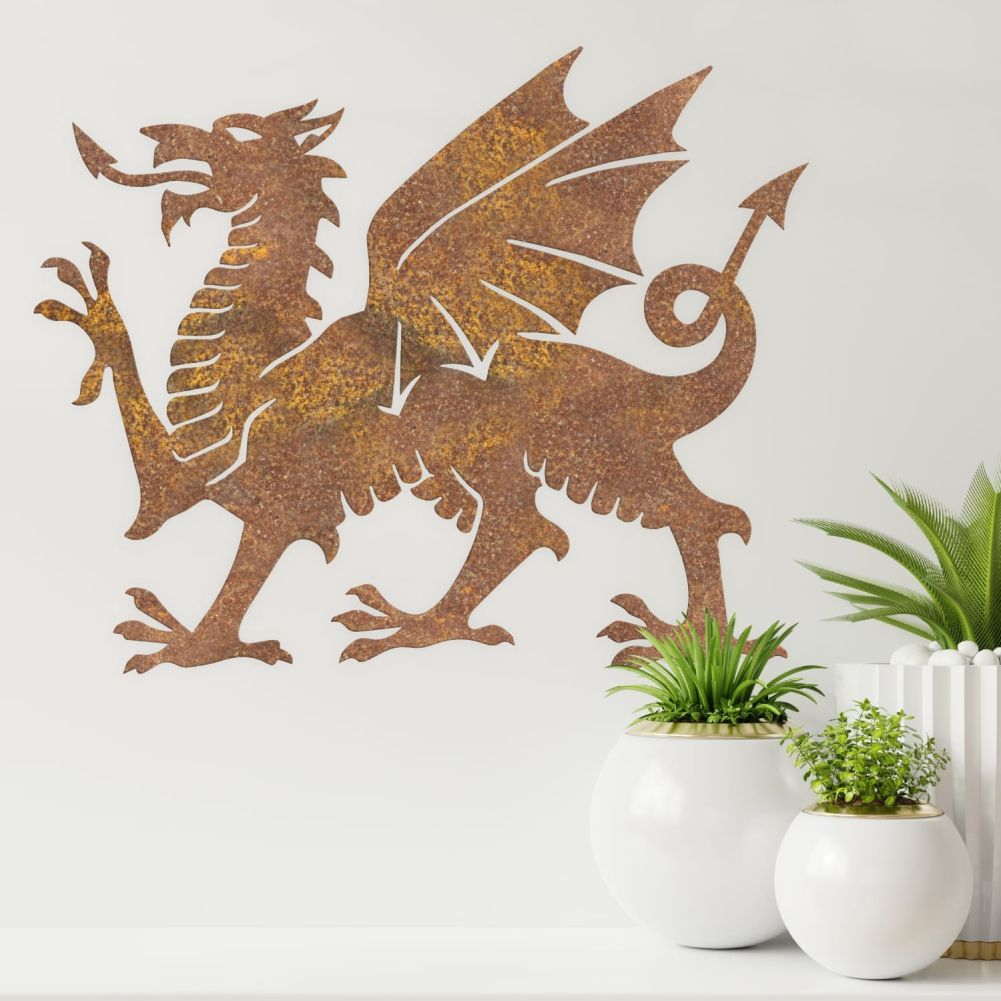 Rustic Welsh Dragon Wall Art With Pot Plants