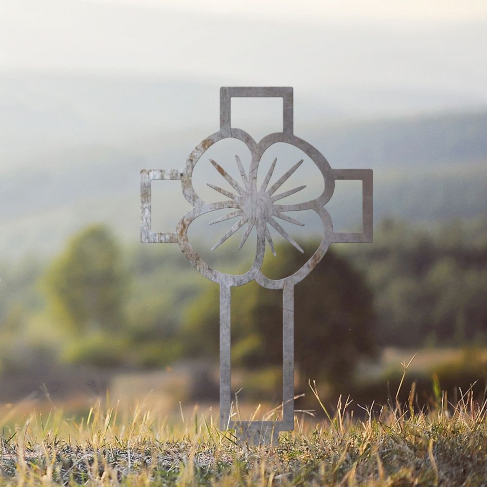 Unfinished Steel Poppy & Cross Outline Ground Spike In A Cloudy Setting