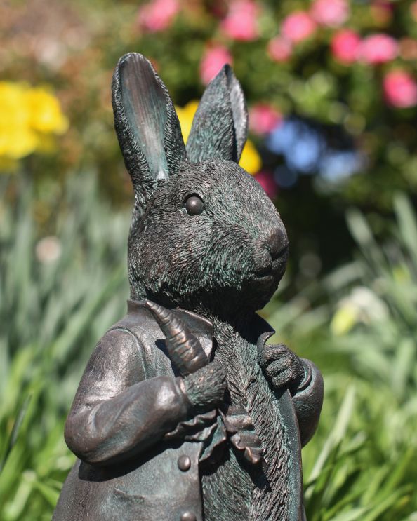Verdigris 'Mr Rabbit' Resin Garden Sculpture Close Up Of The Face