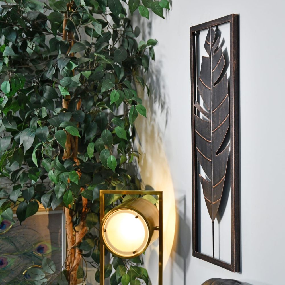 Antique Bronze Feather Wall Art in Frame Side View